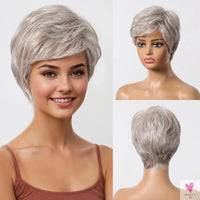 Short Pixie Cut Grey Human Hair Wig, 8 Inch Layered Fashion Blend Human Hair Wig for Women Sweet T 52