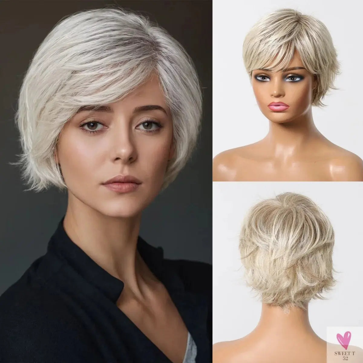 Short Pixie Cut Grey Human Hair Wig, 8 Inch Layered Fashion Blend Human Hair Wig for Women Sweet T 52