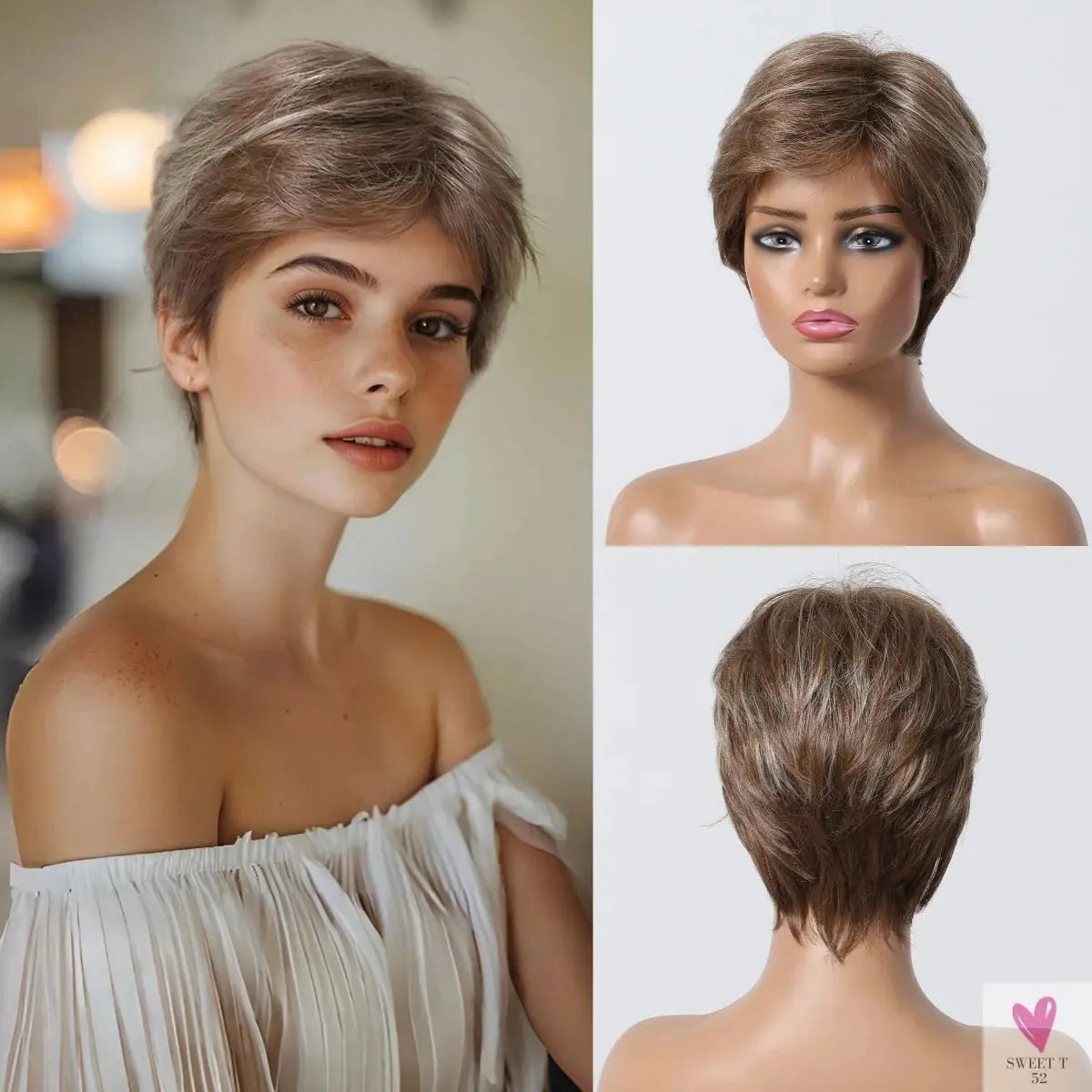 Short Pixie Cut Grey Human Hair Wig, 8 Inch Layered Fashion Blend Human Hair Wig for Women Sweet T 52