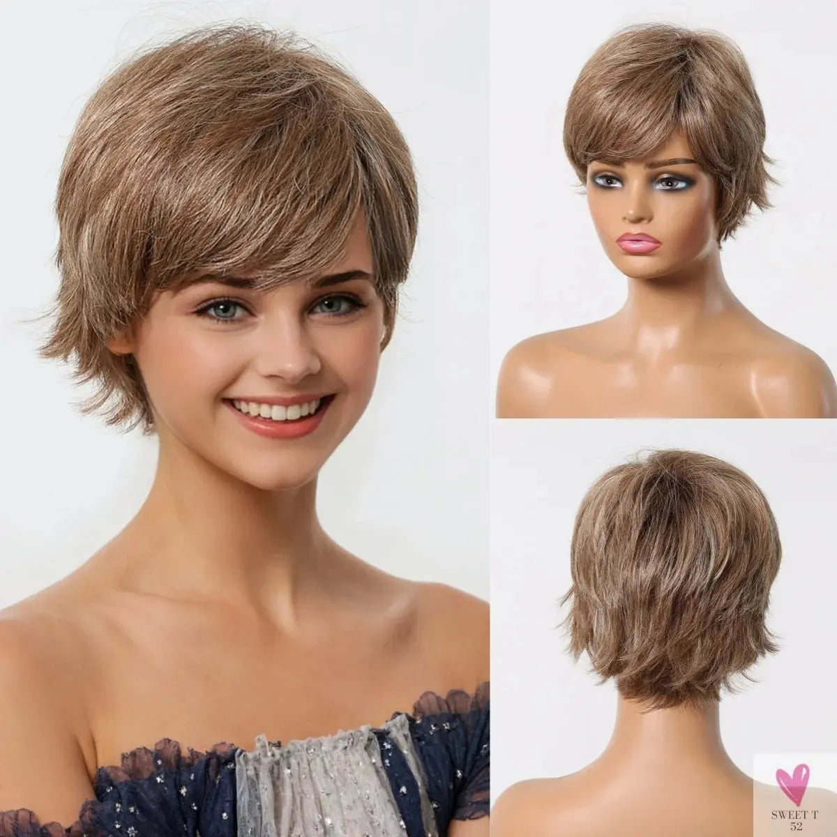 Short Pixie Cut Grey Human Hair Wig, 8 Inch Layered Fashion Blend Human Hair Wig for Women Sweet T 52