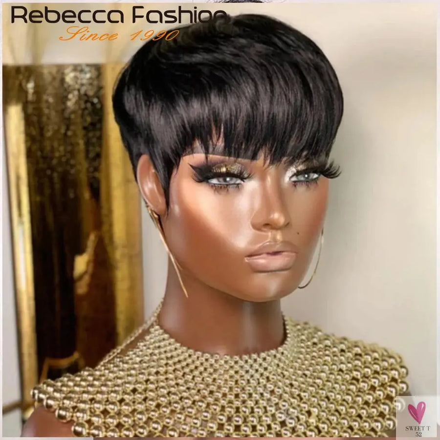 Short Pixie Cut Straight Human Hair Bob Wigs with Bangs for Women. Brazilian Remy Human Hair Sweet T 52