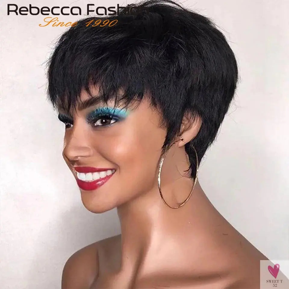 Short Pixie Cut Straight Human Hair Bob Wigs with Bangs for Women. Brazilian Remy Human Hair Sweet T 52