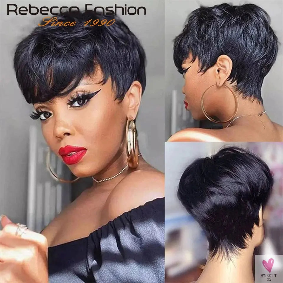 Short Pixie Cut Straight Human Hair Bob Wigs with Bangs for Women. Brazilian Remy Human Hair Sweet T 52