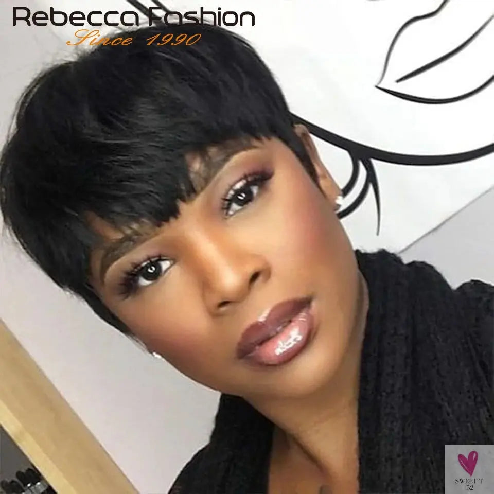 Short Pixie Cut Straight Human Hair Bob Wigs with Bangs for Women. Brazilian Remy Human Hair Sweet T 52