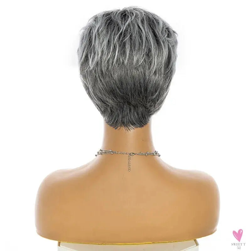 Short Salt & Pepper, Pixie Cut,  Straight, Slightly Layered, Synthetic Wig for Women & Girls Sweet T 52