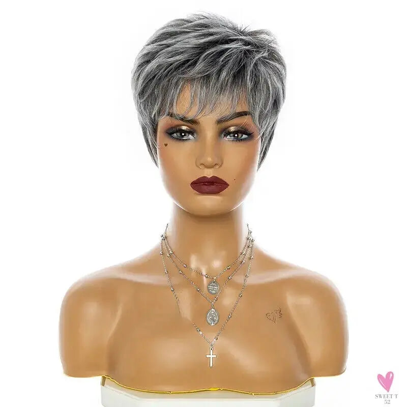 Short Salt & Pepper, Pixie Cut,  Straight, Slightly Layered, Synthetic Wig for Women & Girls Sweet T 52
