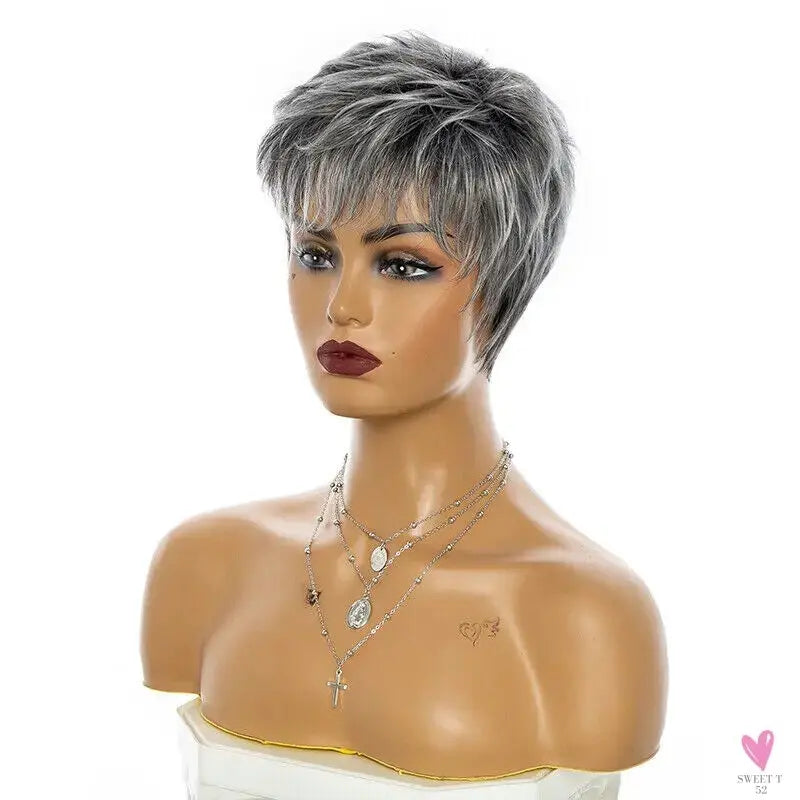 Short Salt & Pepper, Pixie Cut,  Straight, Slightly Layered, Synthetic Wig for Women & Girls Sweet T 52