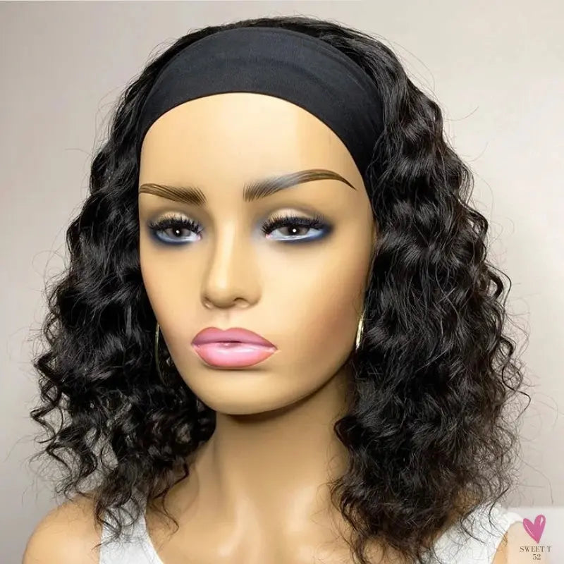 Short Water Wave Headband Wig, Human Hair Wigs For Women, Curly, Non Lace  Headband Wig Sweet T 52