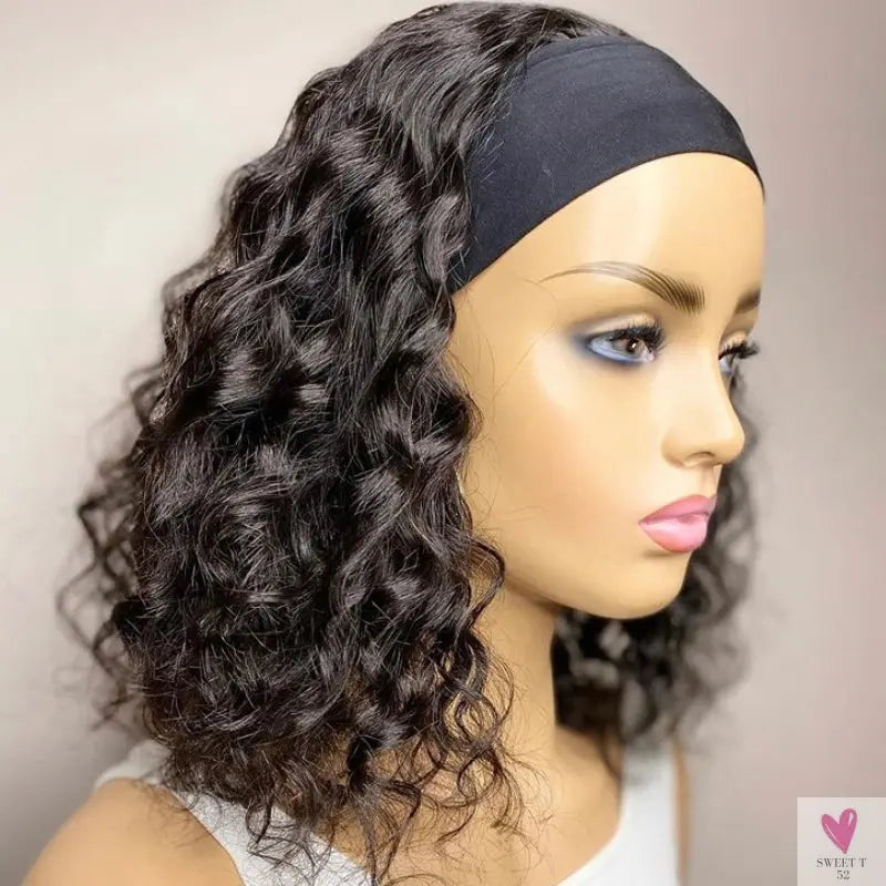 Short Water Wave Headband Wig, Human Hair Wigs For Women, Curly, Non Lace  Headband Wig Sweet T 52