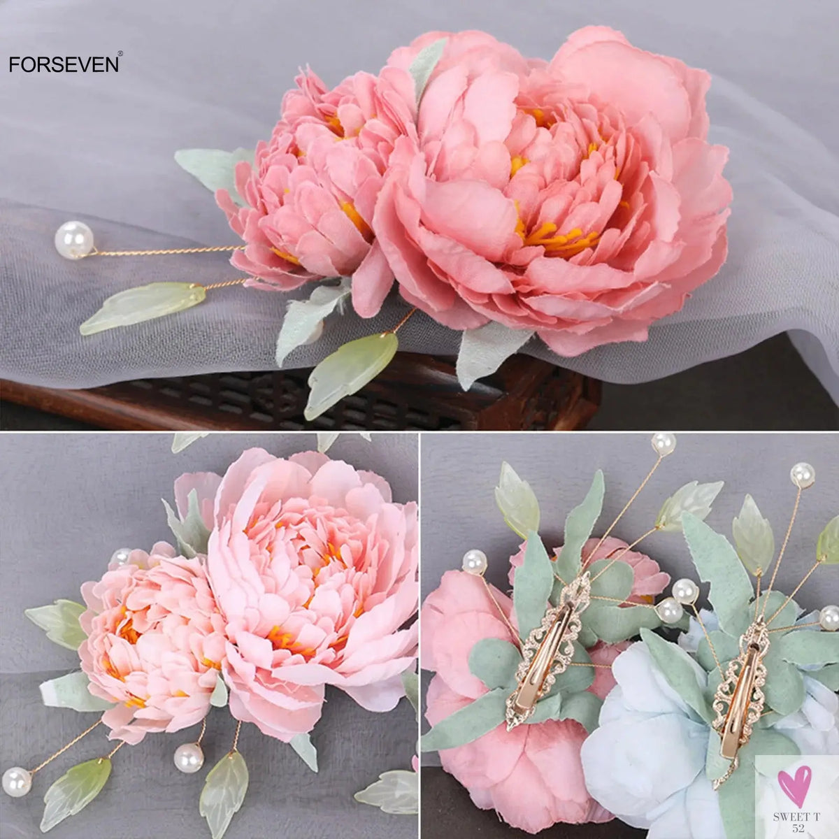 Silk Flower Hairpins/Side Clips, Chinese Style Hair Accessories for Women & Girls. Floral Hairclips, Hanfu Dress-hair accessories-SWEET T 52