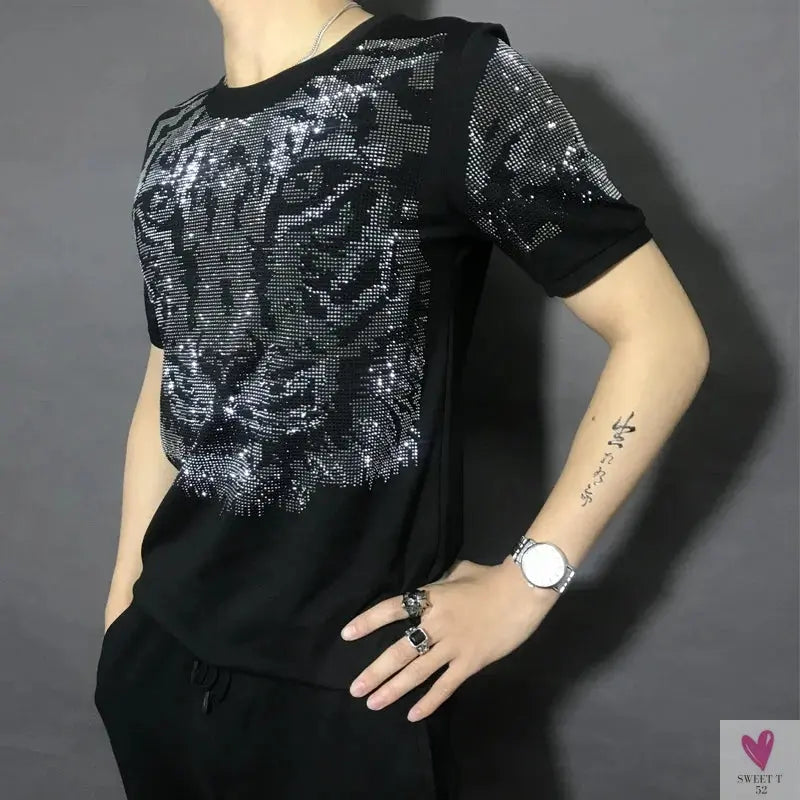 Silver Diamond Bling T-Shirt for Men & Boys. Clubbing Outfits, Short Sleeve Streetwear for Men-Shirts & tops-SWEET T 52