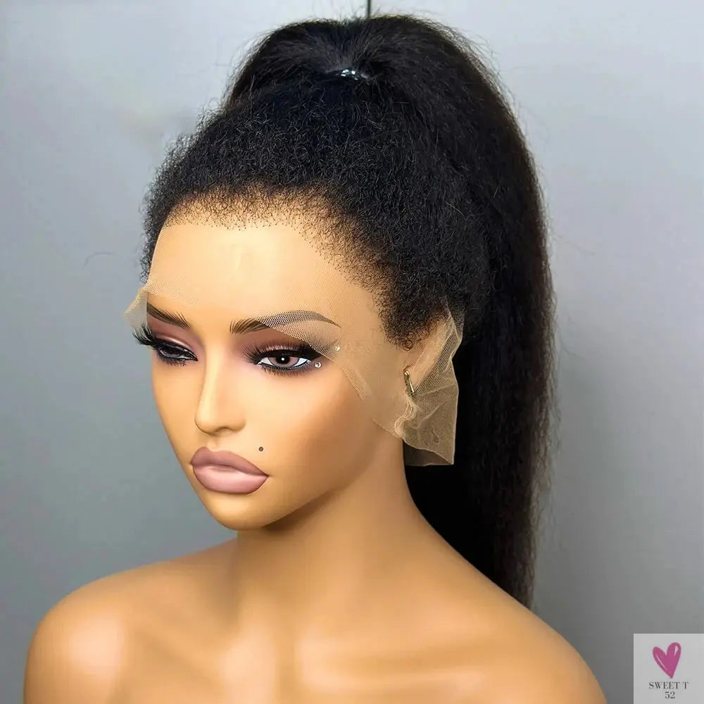 Soft Yaki, 180 Density, 26“ Long Kinky Straight Synthetic 13X4 Lace Frontal Wig For Women , Glueless, Preplucked Baby Hair Sweet T 52