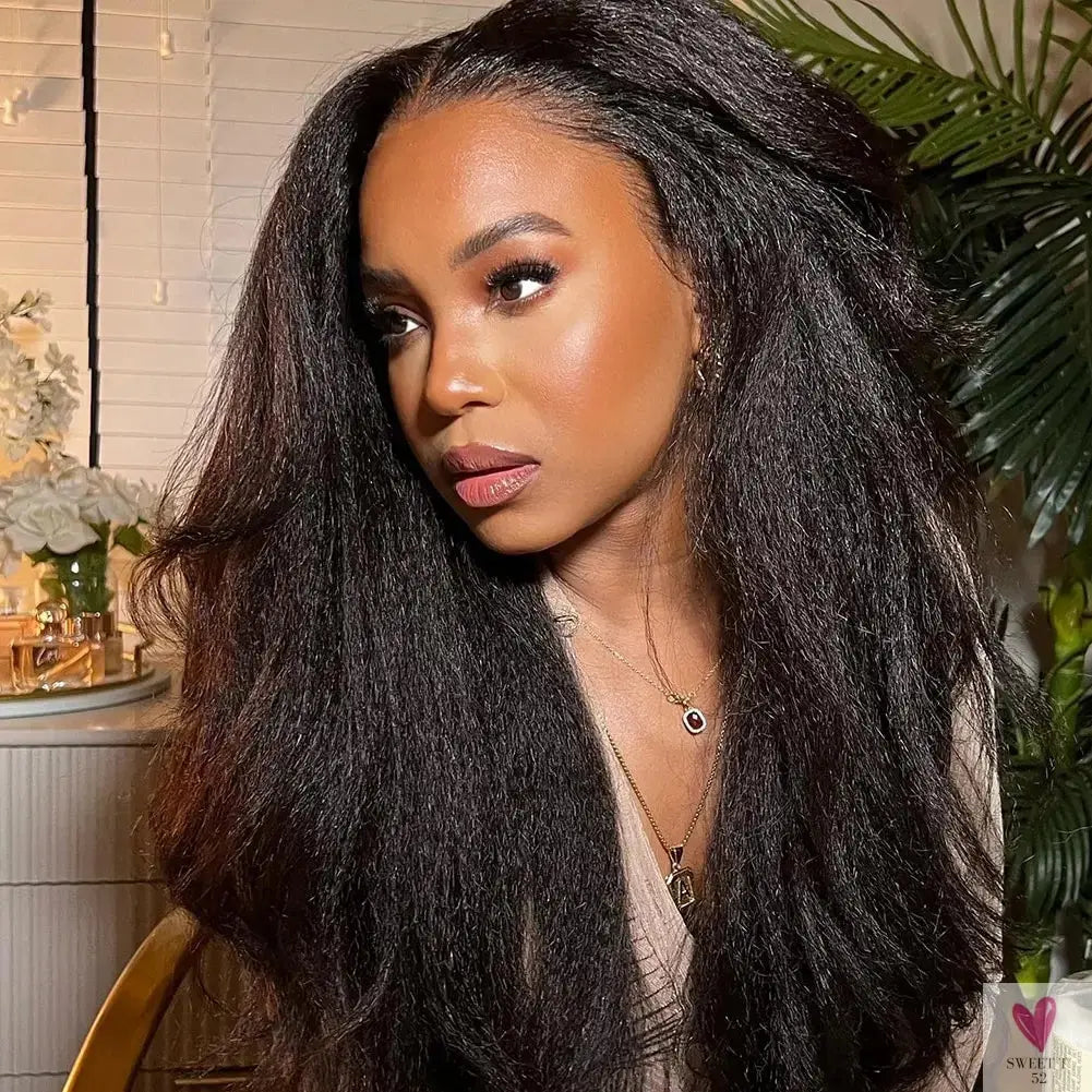 Soft Yaki, 180 Density, 26“ Long Kinky Straight Synthetic 13X4 Lace Frontal Wig For Women , Glueless, Preplucked Baby Hair Sweet T 52