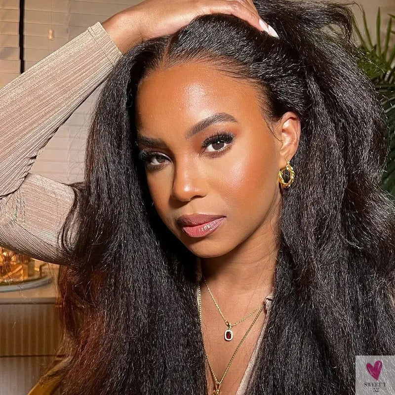 Soft Yaki, 180 Density, 26“ Long Kinky Straight Synthetic 13X4 Lace Frontal Wig For Women , Glueless, Preplucked Baby Hair Sweet T 52