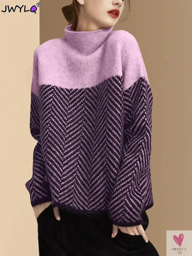 Spliced Half High Collar Loose Pullovers for Women & Girls. Soft Thick Warm Sweaters for Autumn and Winter-Shirts & tops-SWEET T 52