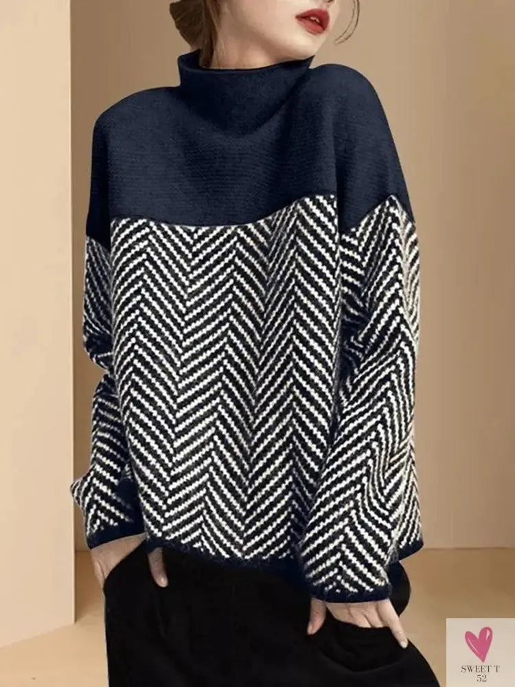 Spliced Half High Collar Loose Pullovers for Women & Girls. Soft Thick Warm Sweaters for Autumn and Winter-Shirts & tops-SWEET T 52