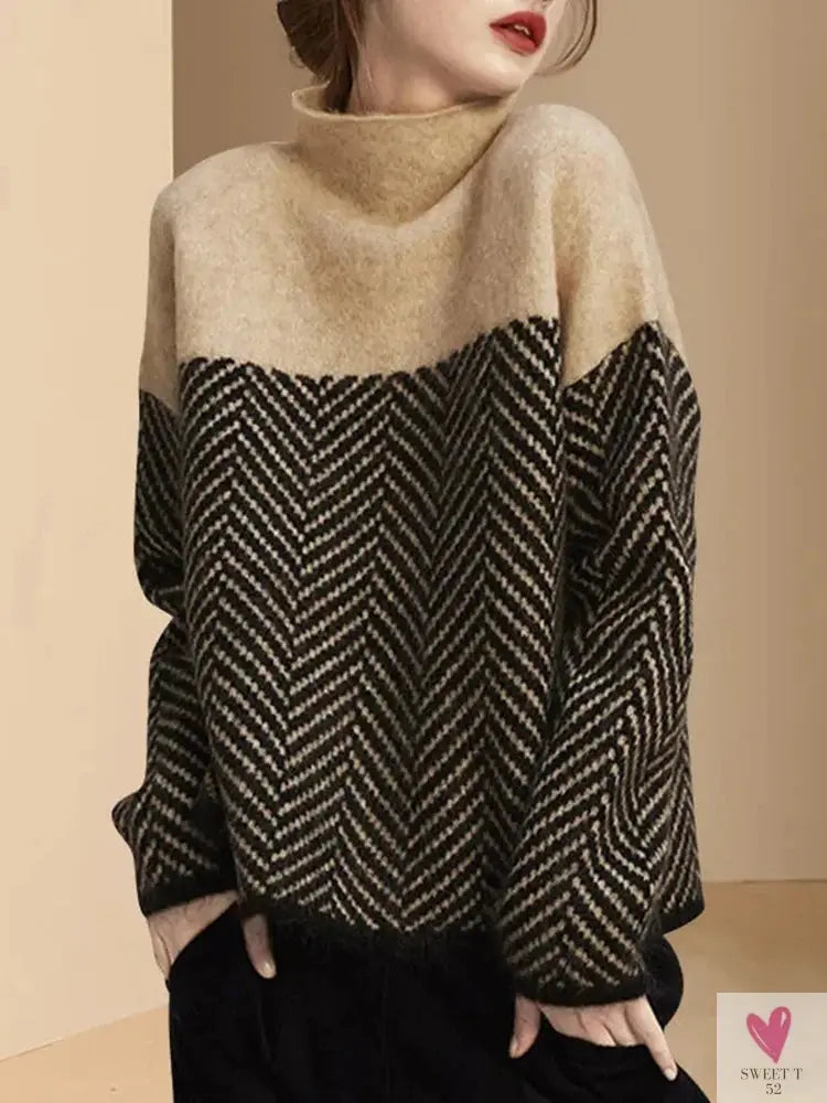 Spliced Half High Collar Loose Pullovers for Women & Girls. Soft Thick Warm Sweaters for Autumn and Winter-Shirts & tops-SWEET T 52