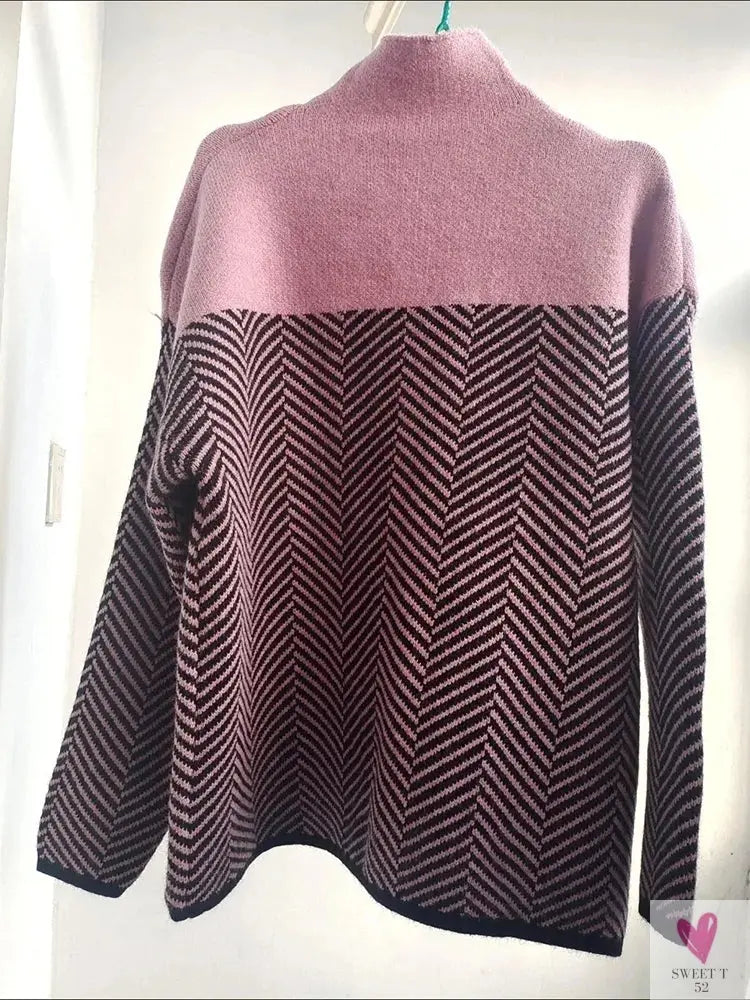 Spliced Half High Collar Loose Pullovers for Women & Girls. Soft Thick Warm Sweaters for Autumn and Winter-Shirts & tops-SWEET T 52