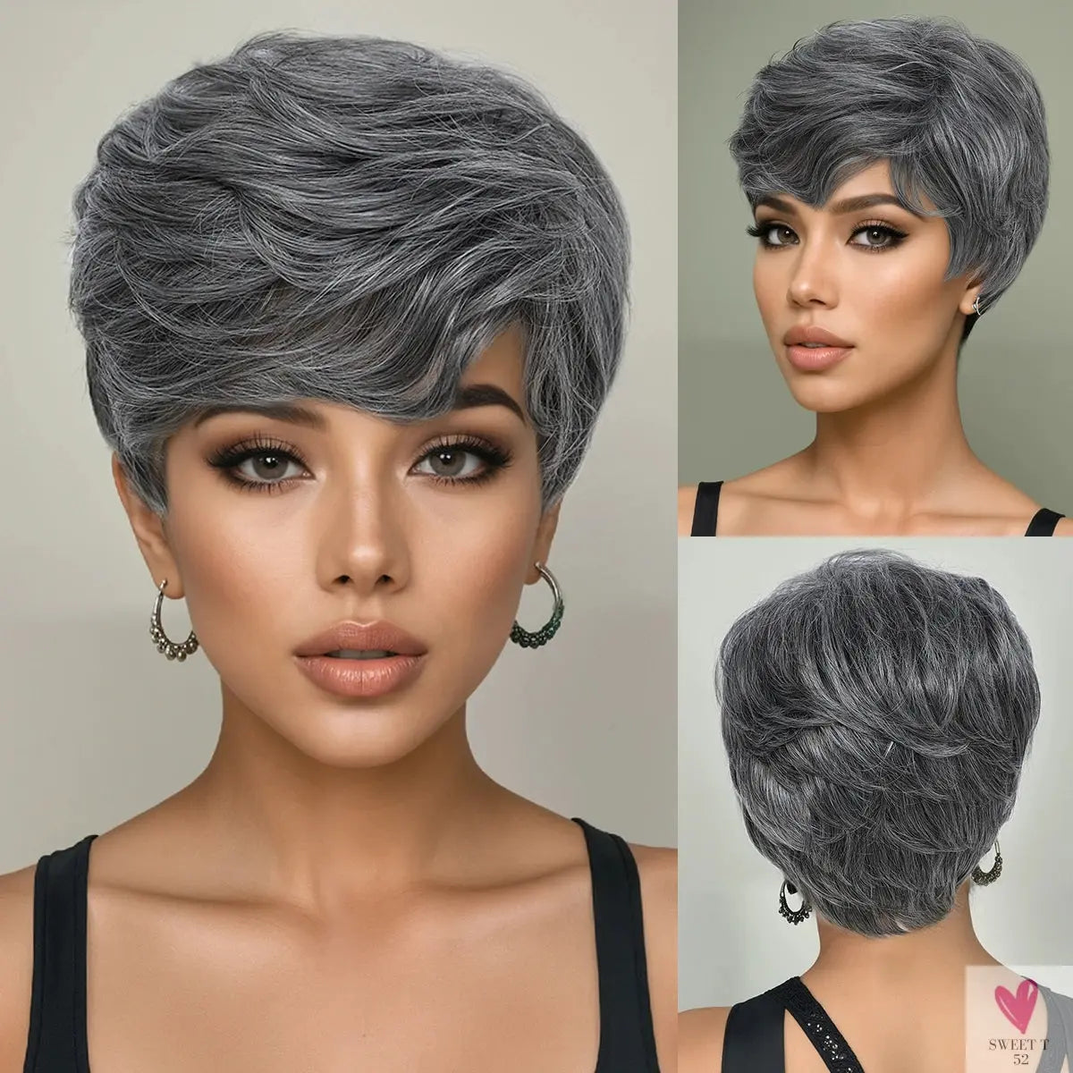 Synthetic 10-Inch Short Grey Mix, Glue Free Wig - Durable High Quality Wig with Rose Hair Net Sweet T 52