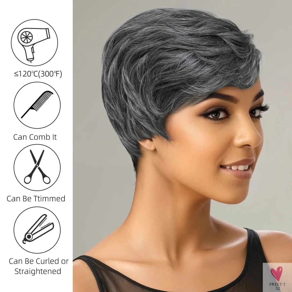 Synthetic 10-Inch Short Grey Mix, Glue Free Wig - Durable High Quality Wig with Rose Hair Net Sweet T 52