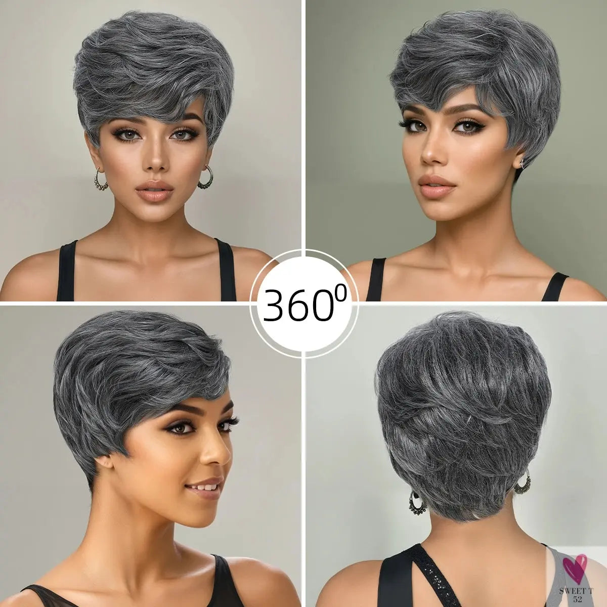 Synthetic 10-Inch Short Grey Mix, Glue Free Wig - Durable High Quality Wig with Rose Hair Net Sweet T 52