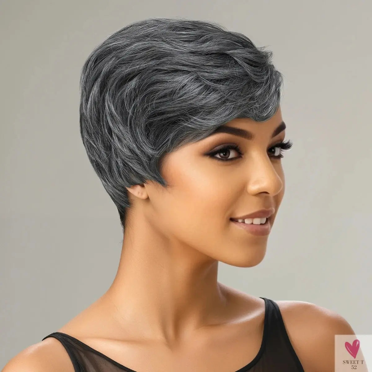 Synthetic 10-Inch Short Grey Mix, Glue Free Wig - Durable High Quality Wig with Rose Hair Net Sweet T 52