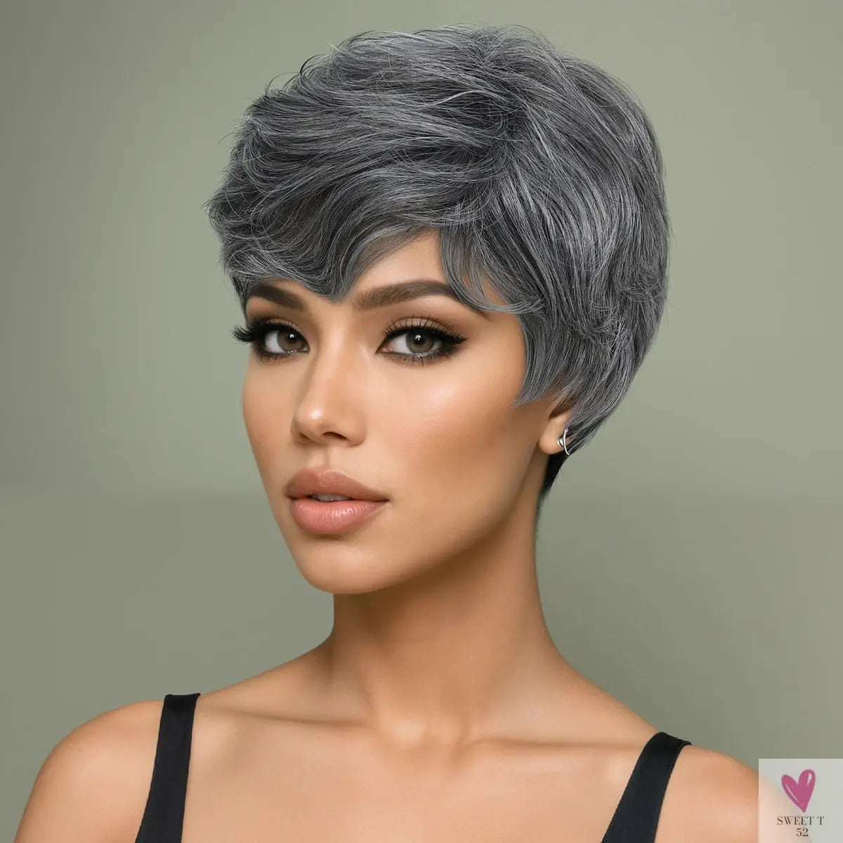 Synthetic 10-Inch Short Grey Mix, Glue Free Wig - Durable High Quality Wig with Rose Hair Net Sweet T 52