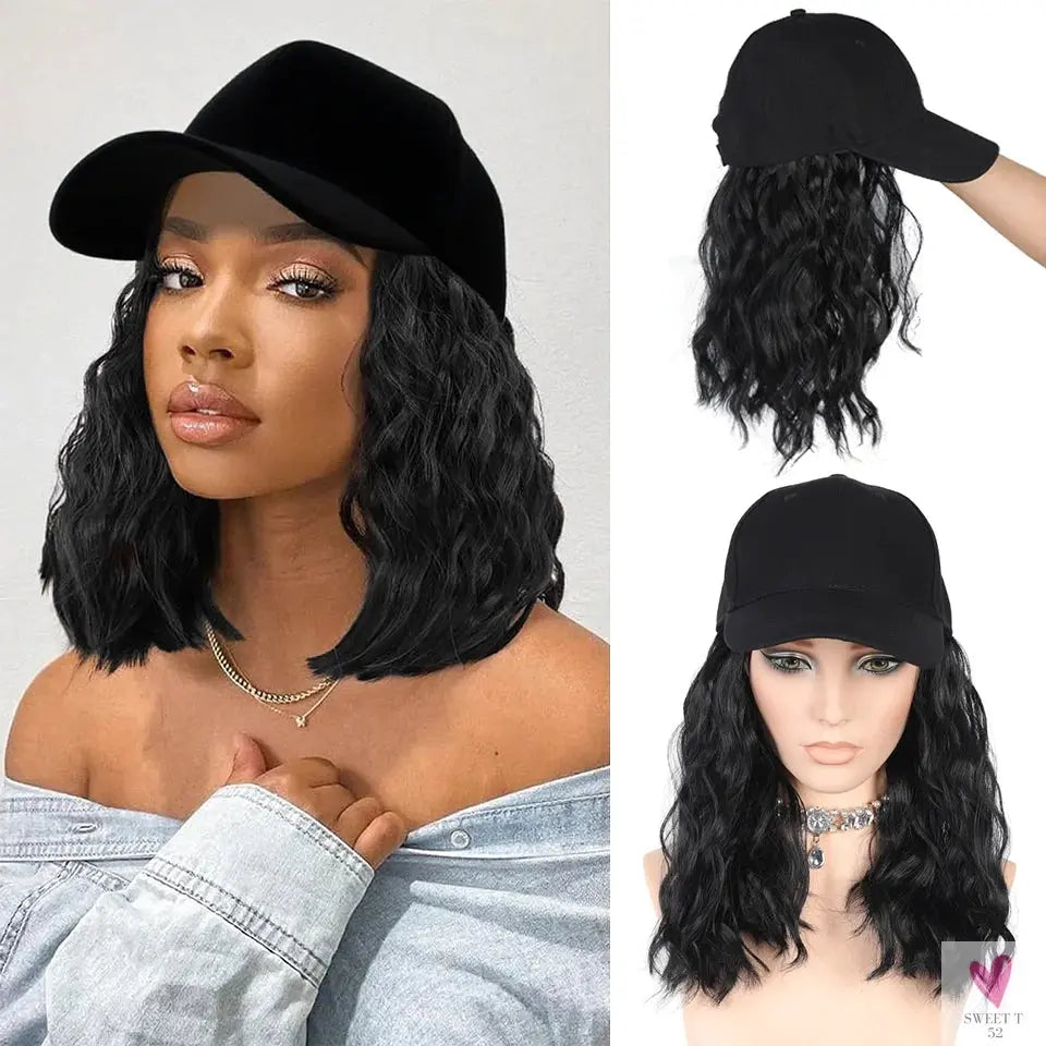 Synthetic Hat Wig for Women, Wig Cap with Curly Hair Extensions. Hat with Wavy Hair, Adjustable Baseball Hat Wig Sweet T 52