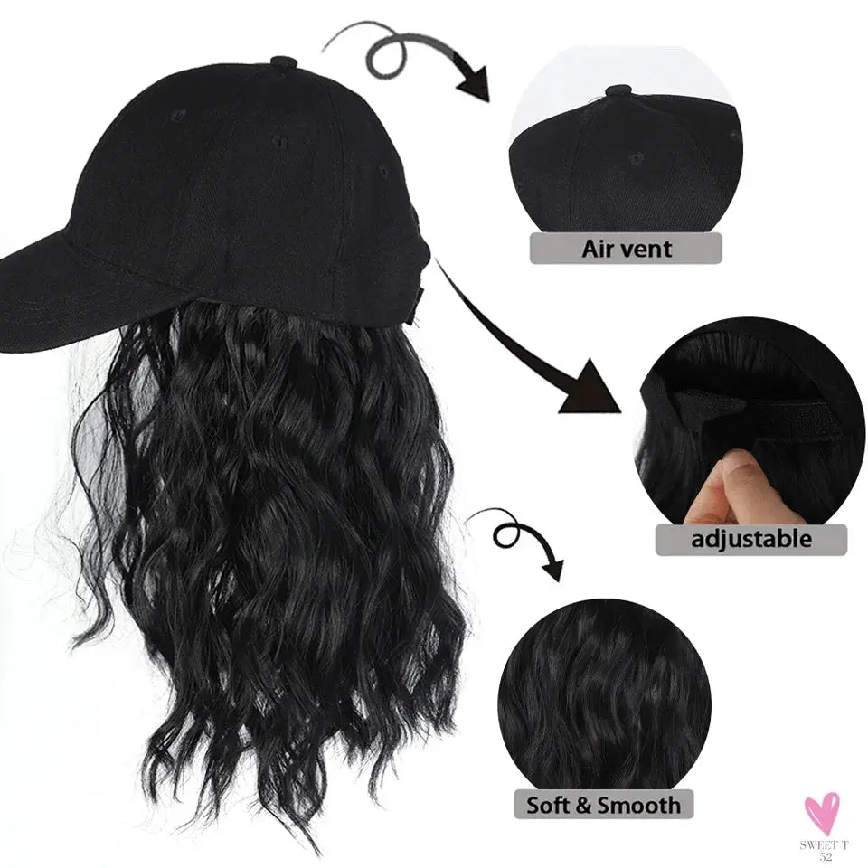 Synthetic Hat Wig for Women, Wig Cap with Curly Hair Extensions. Hat with Wavy Hair, Adjustable Baseball Hat Wig Sweet T 52