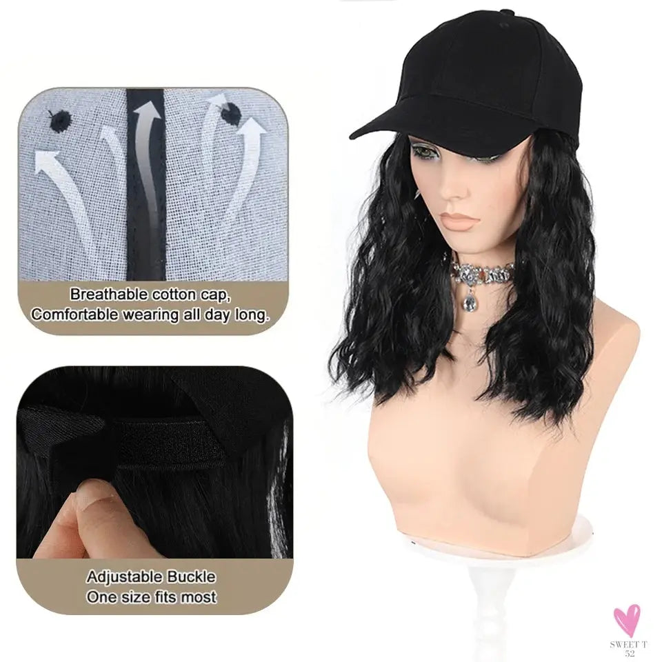 Synthetic Hat Wig for Women, Wig Cap with Curly Hair Extensions. Hat with Wavy Hair, Adjustable Baseball Hat Wig Sweet T 52