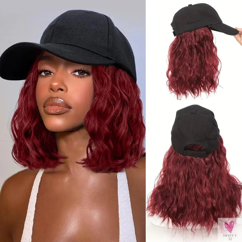 Synthetic Hat Wig for Women, Wig Cap with Curly Hair Extensions. Hat with Wavy Hair, Adjustable Baseball Hat Wig Sweet T 52