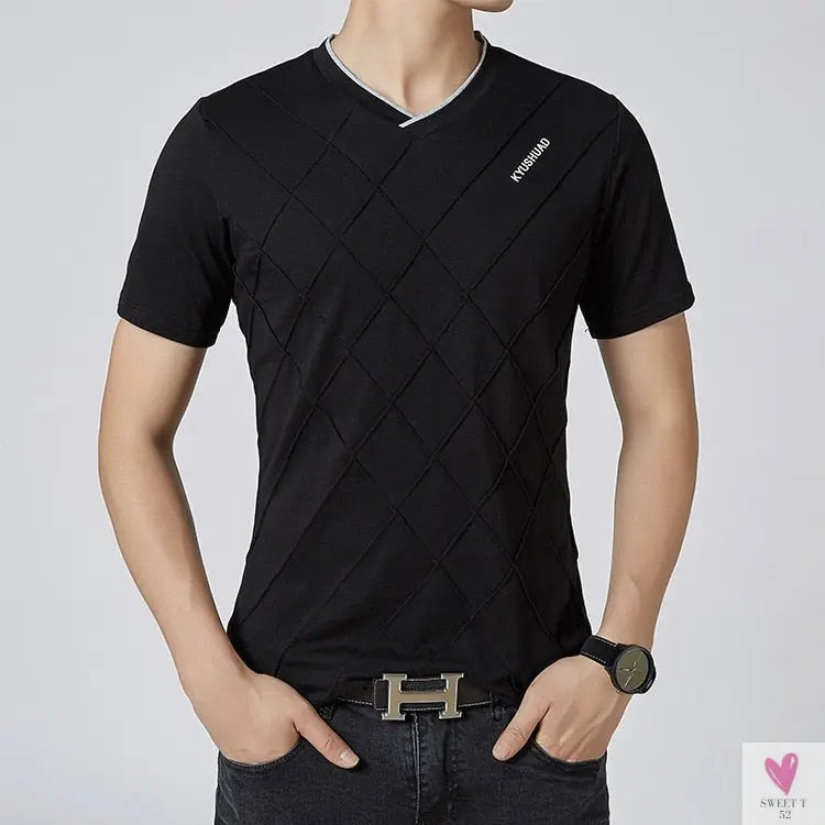 V-Neck Men's Cotton/Spandex Tee in Rhombic Pattern, Plus Sizes-Shirts & tops-SWEET T 52