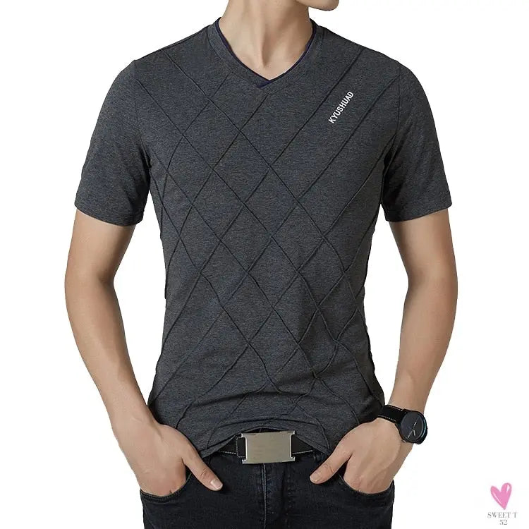 V-Neck Men's Cotton/Spandex Tee in Rhombic Pattern, Plus Sizes-Shirts & tops-SWEET T 52