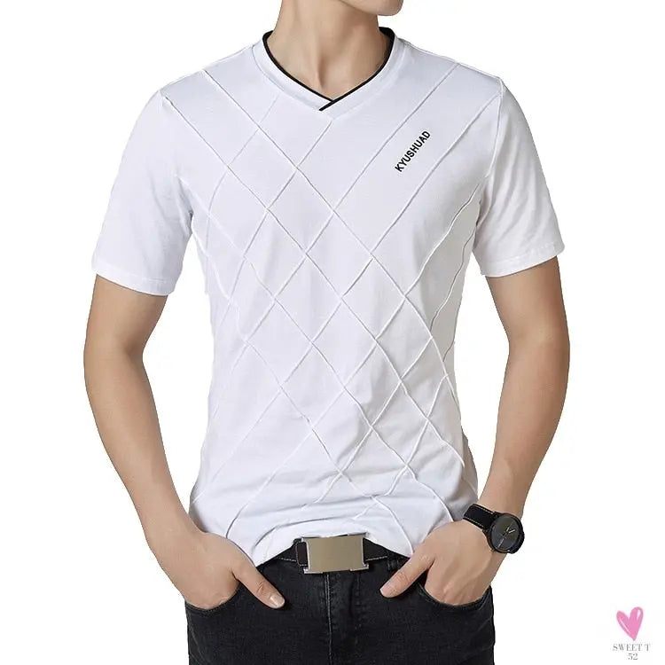 V-Neck Men's Cotton/Spandex Tee in Rhombic Pattern, Plus Sizes-Shirts & tops-SWEET T 52