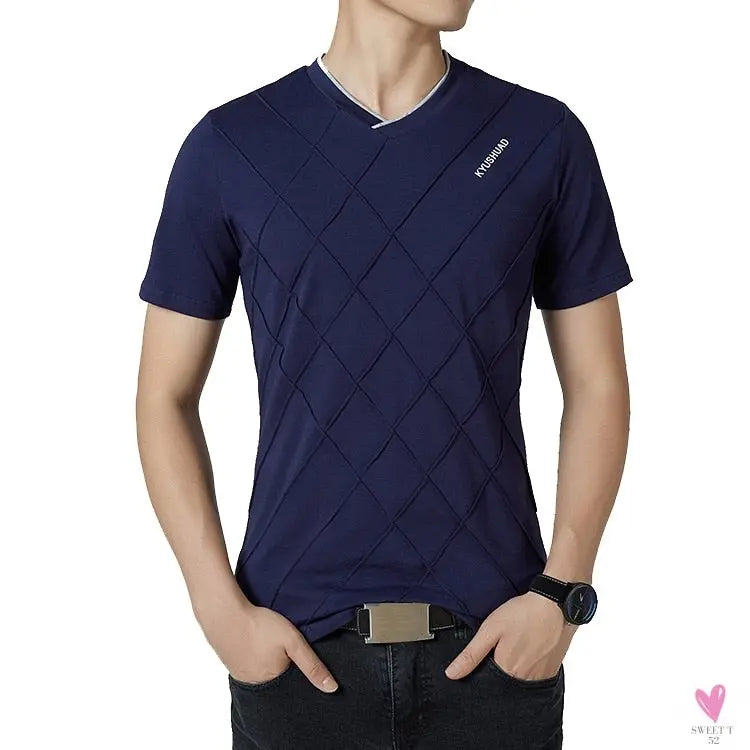 V-Neck Men's Cotton/Spandex Tee in Rhombic Pattern, Plus Sizes-Shirts & tops-SWEET T 52