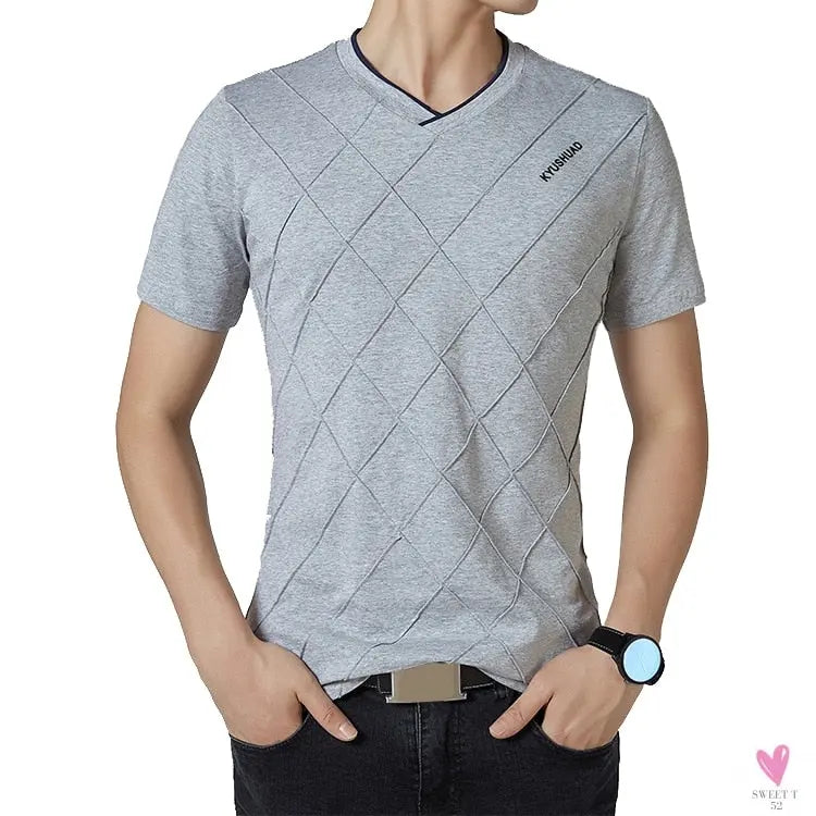 V-Neck Men's Cotton/Spandex Tee in Rhombic Pattern, Plus Sizes-Shirts & tops-SWEET T 52