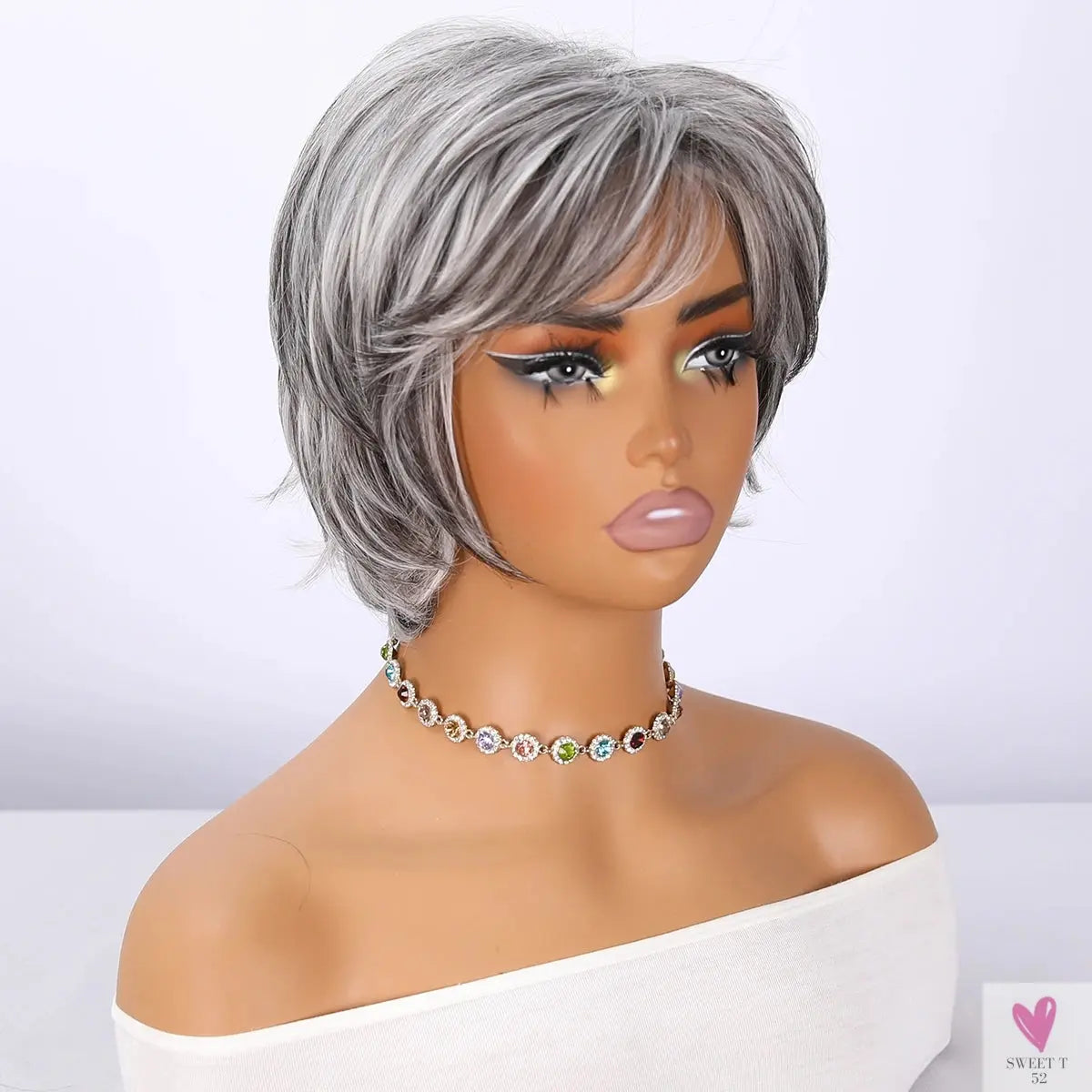 Vanilla Milk Tea White/Gray Wig with Bangs - Female Short Hair & Micro-Volume Transparent Synthetic Lace Sweet T 52