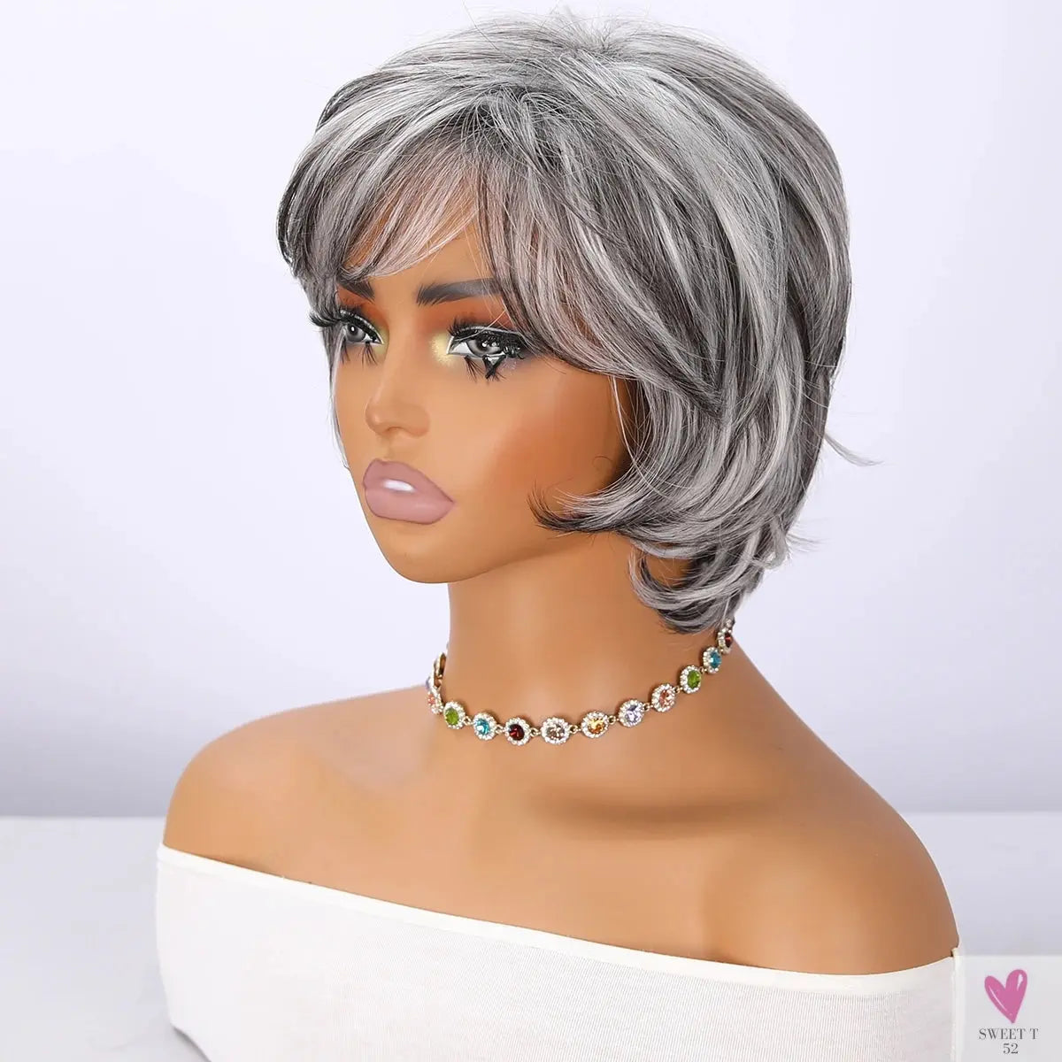 Vanilla Milk Tea White/Gray Wig with Bangs - Female Short Hair & Micro-Volume Transparent Synthetic Lace Sweet T 52