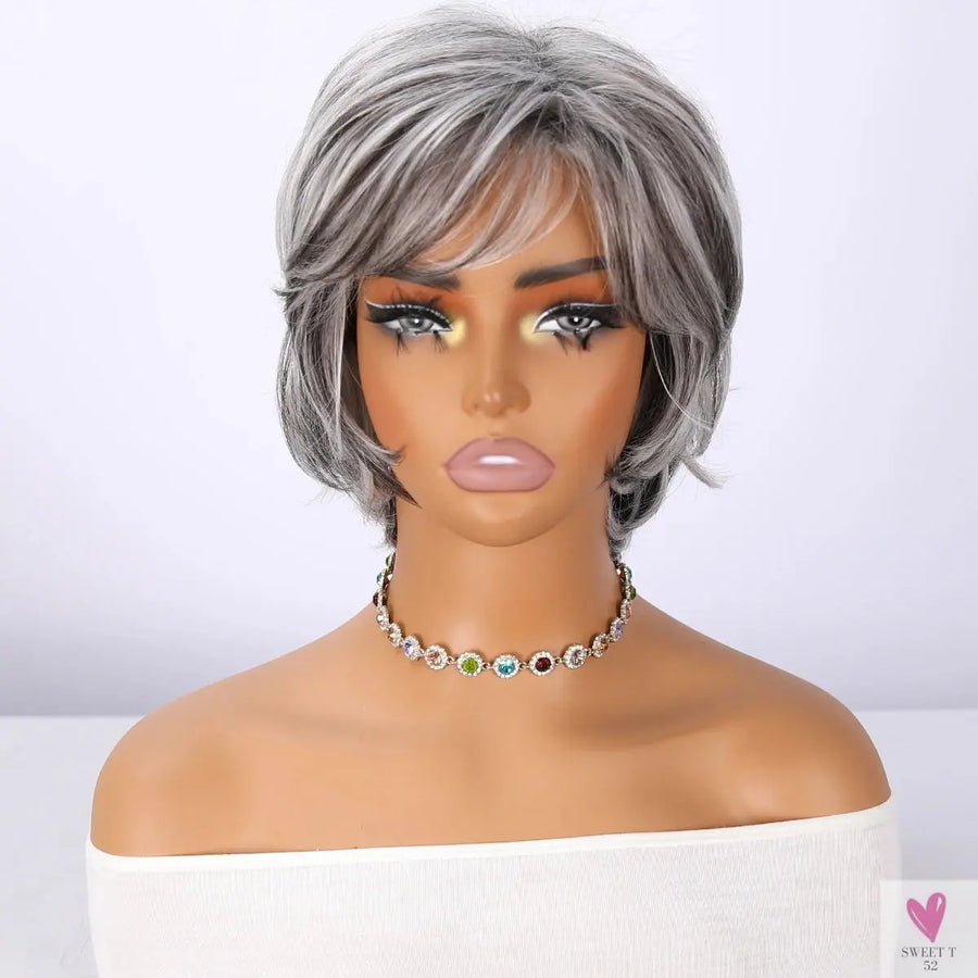 Vanilla Milk Tea White/Gray Wig with Bangs - Female Short Hair & Micro-Volume Transparent Synthetic Lace Sweet T 52
