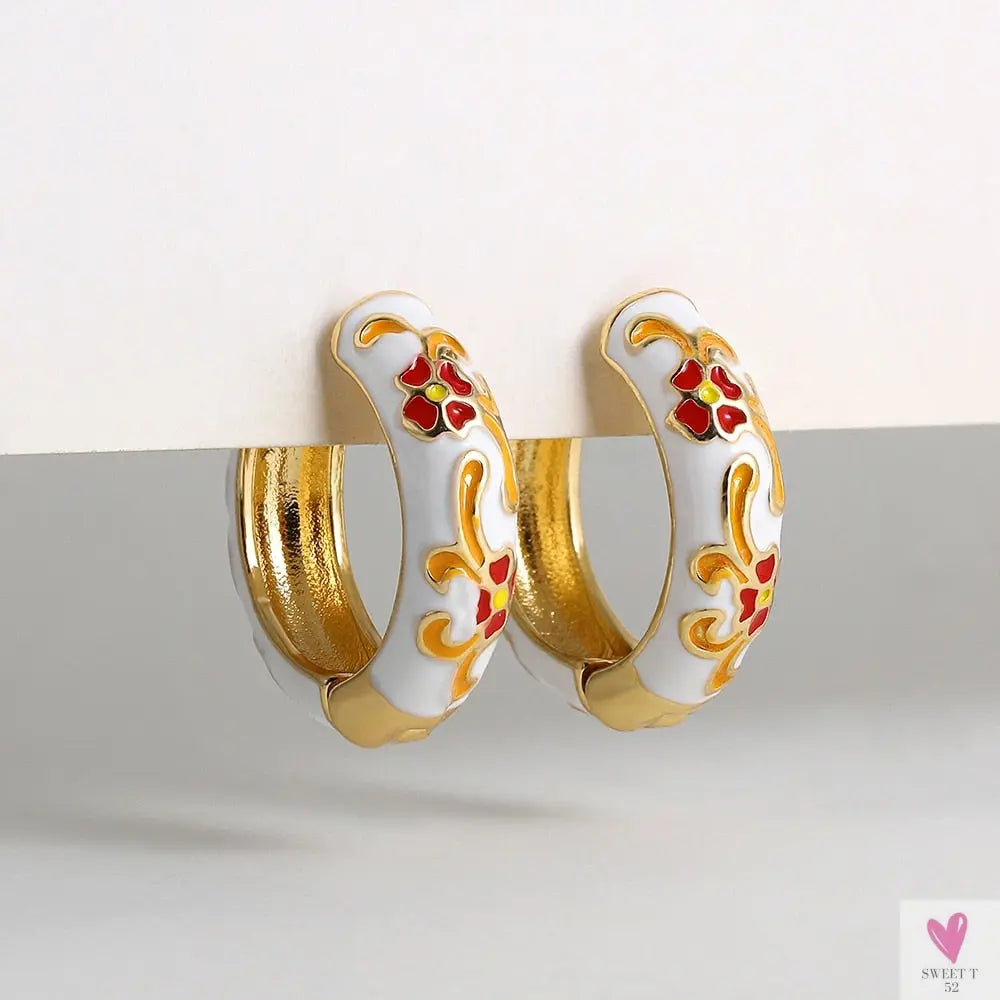 Vintage Enameled Flower Small Hoop Earrings - Trendy Geometric Statement, Round Circular Huggie Earrings for Women and Girls-earrings-SWEET T 52