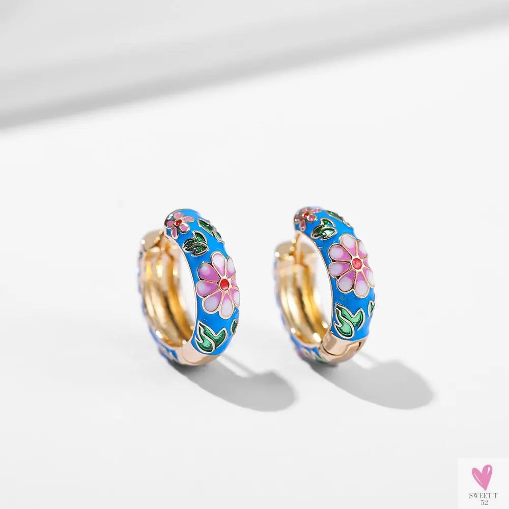 Vintage Enameled Flower Small Hoop Earrings - Trendy Geometric Statement, Round Circular Huggie Earrings for Women and Girls-earrings-SWEET T 52