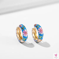 Vintage Enameled Flower Small Hoop Earrings - Trendy Geometric Statement, Round Circular Huggie Earrings for Women and Girls-earrings-SWEET T 52