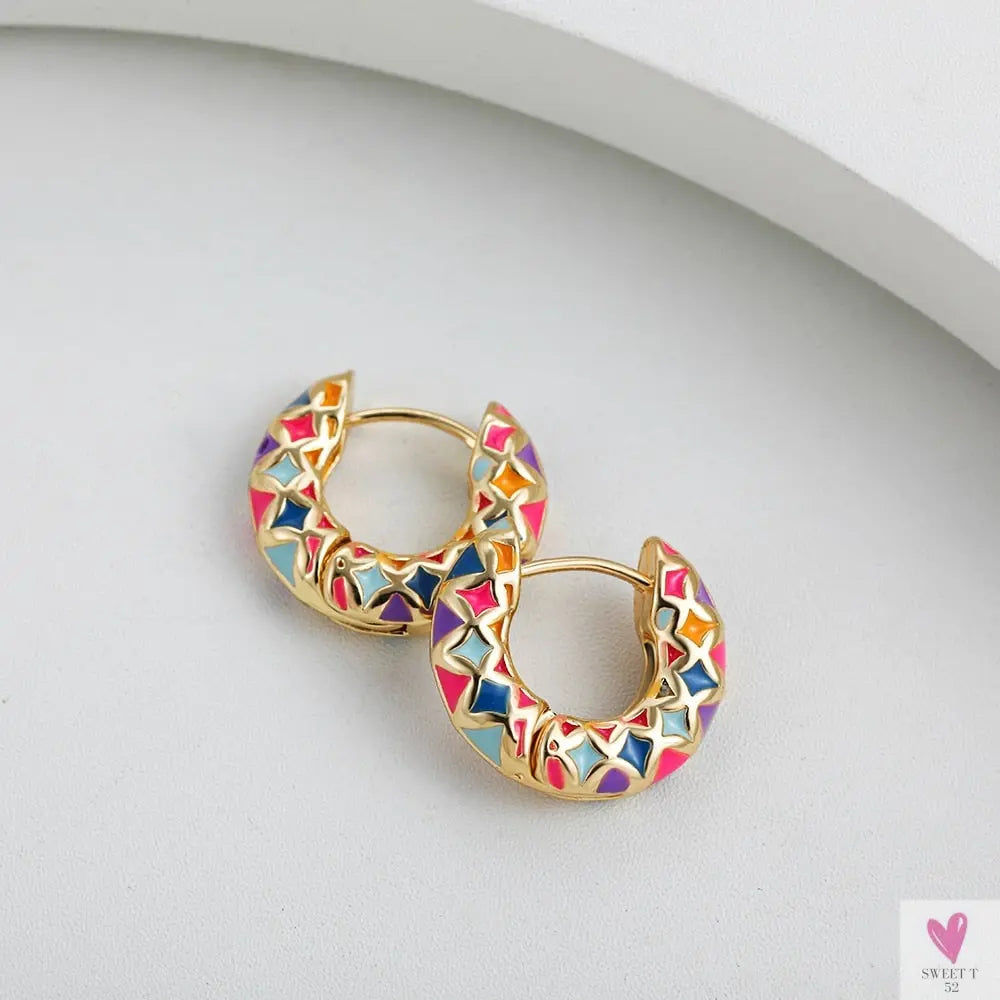 Vintage Enameled Flower Small Hoop Earrings - Trendy Geometric Statement, Round Circular Huggie Earrings for Women and Girls-earrings-SWEET T 52