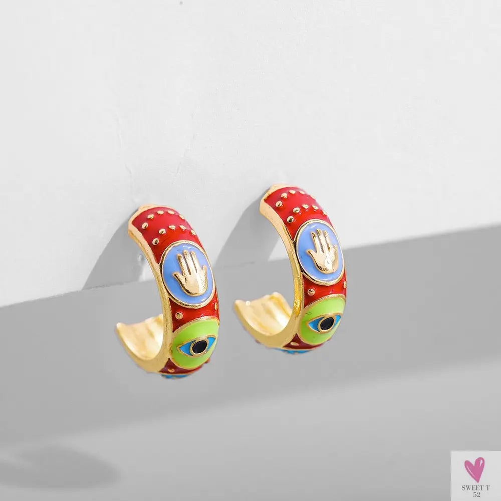 Vintage Enameled Flower Small Hoop Earrings - Trendy Geometric Statement, Round Circular Huggie Earrings for Women and Girls-earrings-SWEET T 52