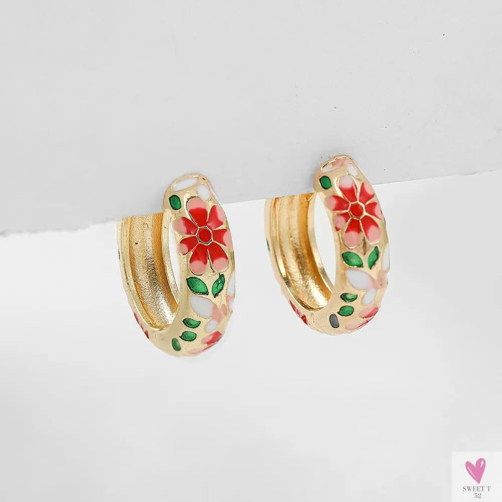 Vintage Enameled Flower Small Hoop Earrings - Trendy Geometric Statement, Round Circular Huggie Earrings for Women and Girls-earrings-SWEET T 52