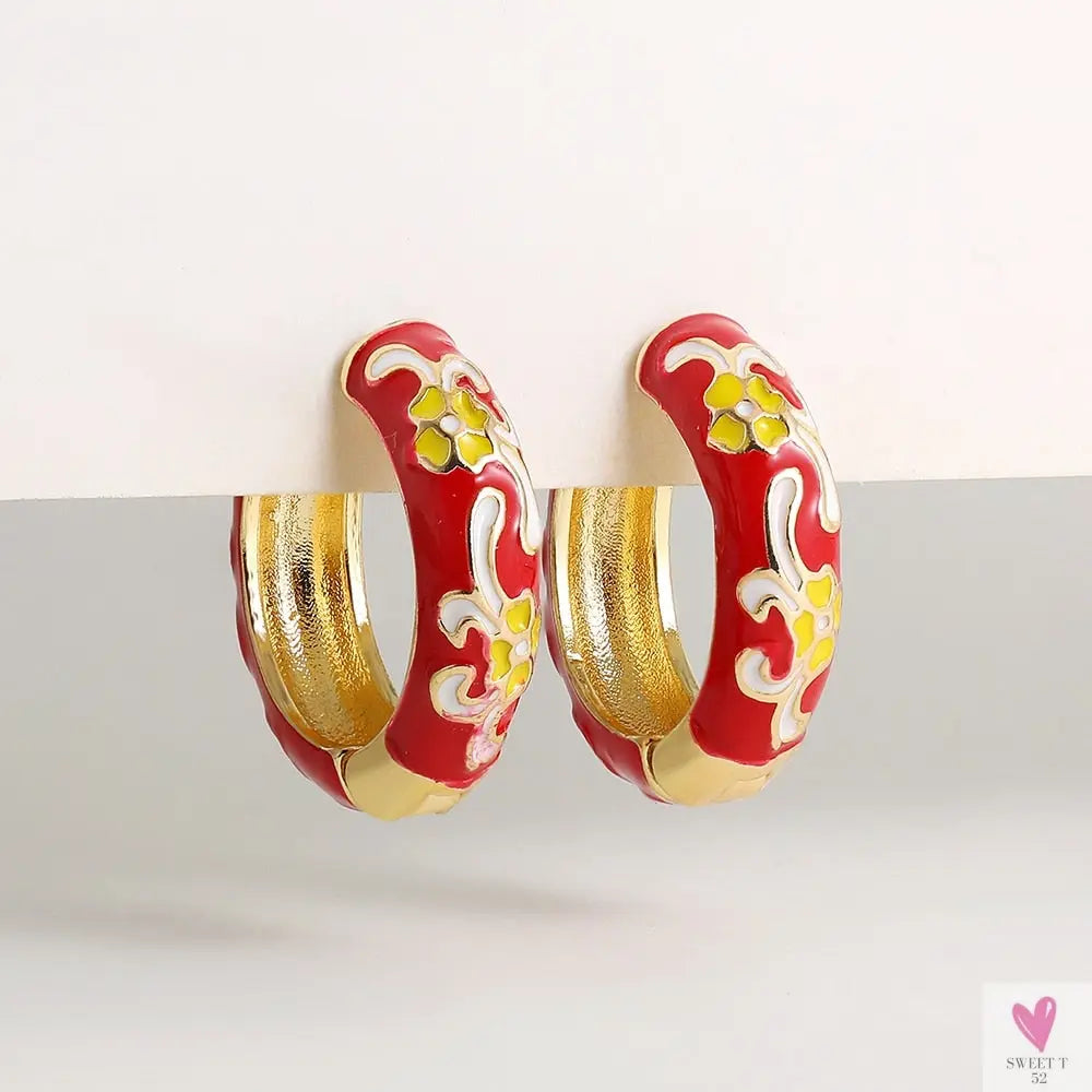 Vintage Enameled Flower Small Hoop Earrings - Trendy Geometric Statement, Round Circular Huggie Earrings for Women and Girls-earrings-SWEET T 52