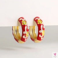 Vintage Enameled Flower Small Hoop Earrings - Trendy Geometric Statement, Round Circular Huggie Earrings for Women and Girls-earrings-SWEET T 52