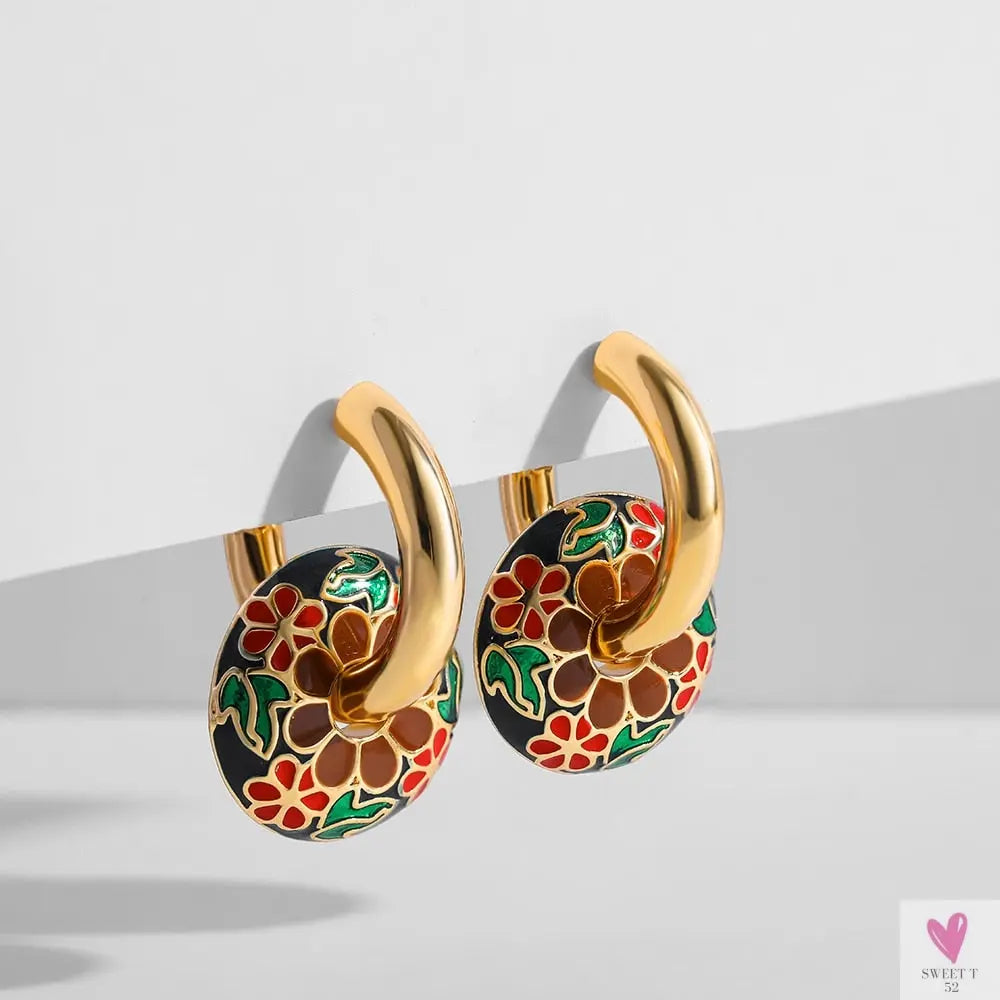 Vintage Enameled Flower Small Hoop Earrings - Trendy Geometric Statement, Round Circular Huggie Earrings for Women and Girls-earrings-SWEET T 52