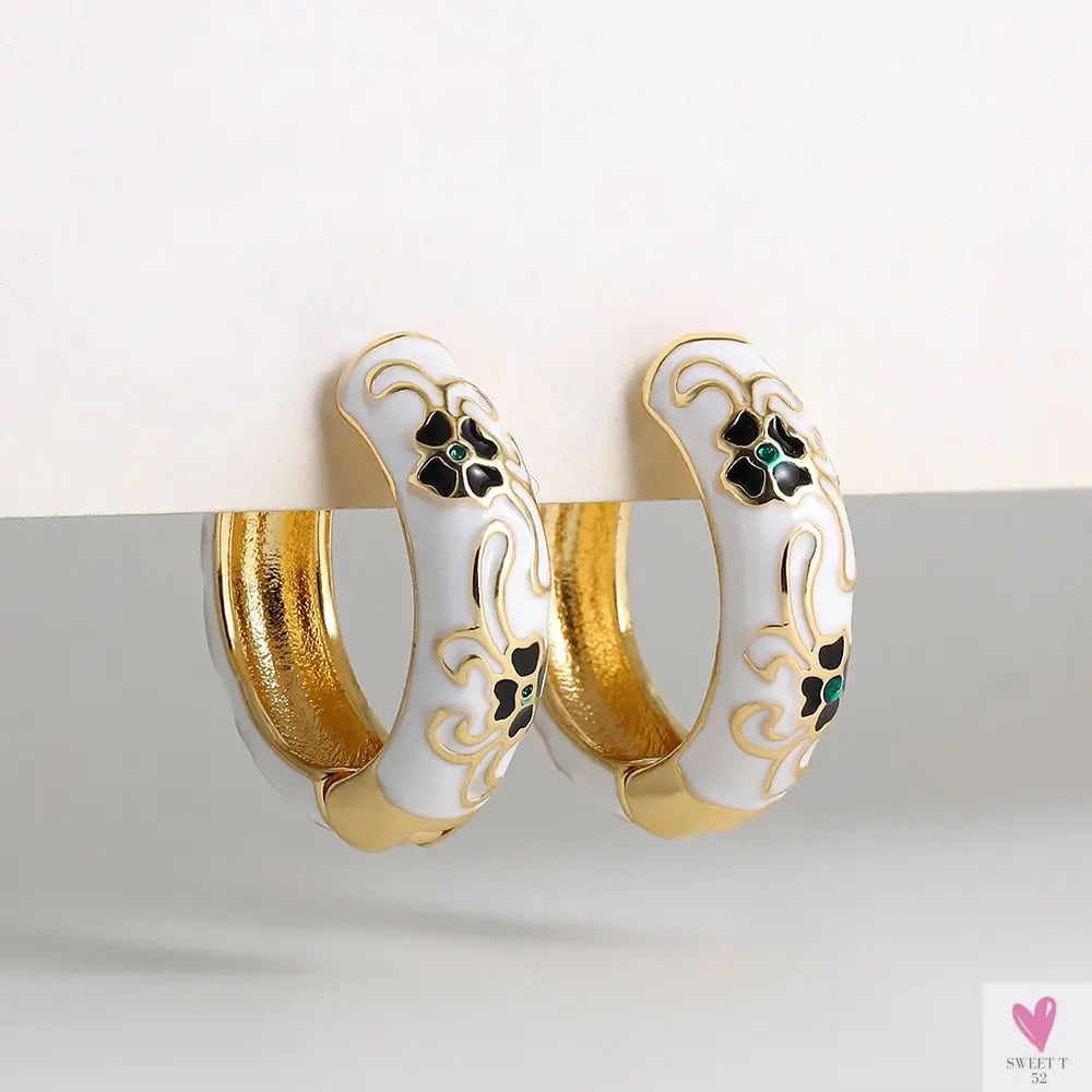 Vintage Enameled Flower Small Hoop Earrings - Trendy Geometric Statement, Round Circular Huggie Earrings for Women and Girls-earrings-SWEET T 52
