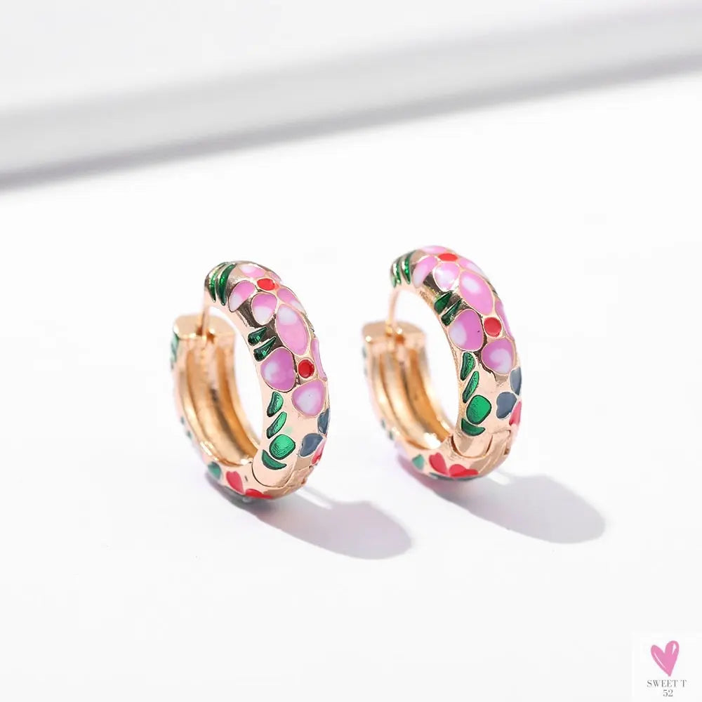 Vintage Enameled Flower Small Hoop Earrings - Trendy Geometric Statement, Round Circular Huggie Earrings for Women and Girls-earrings-SWEET T 52
